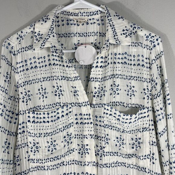 En Creme Women’s XS Button Front Cream Blue Boho Print Tunic Top Long Sleeve - Picture 2 of 10